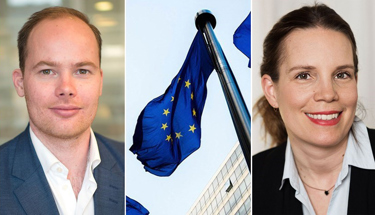 Joel Jonsson, ansvarig för EU:s inre marknad och handelspolitik, och Maria Rosendahl, näringspolitisk chef på Teknikföretagen.