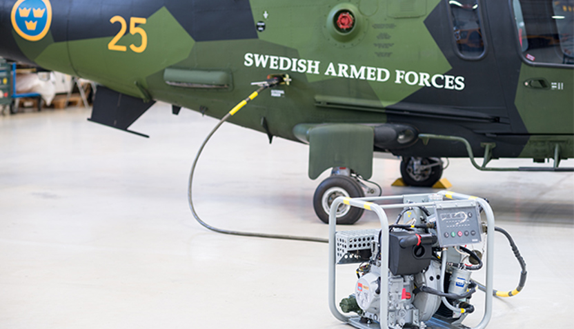 Ett av bolagets produktområden är strömförsörjning för extremt krävande miljöer. Här syns ett elverk som är utvecklat för att användas till flygfarkoster. Fotograf: Johan Schmitz
